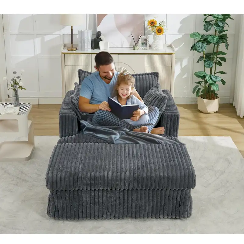 Dark Gray Modern 47.8 Upholstered Oversized Chaise Longue Chair with Ottoman and Pillows