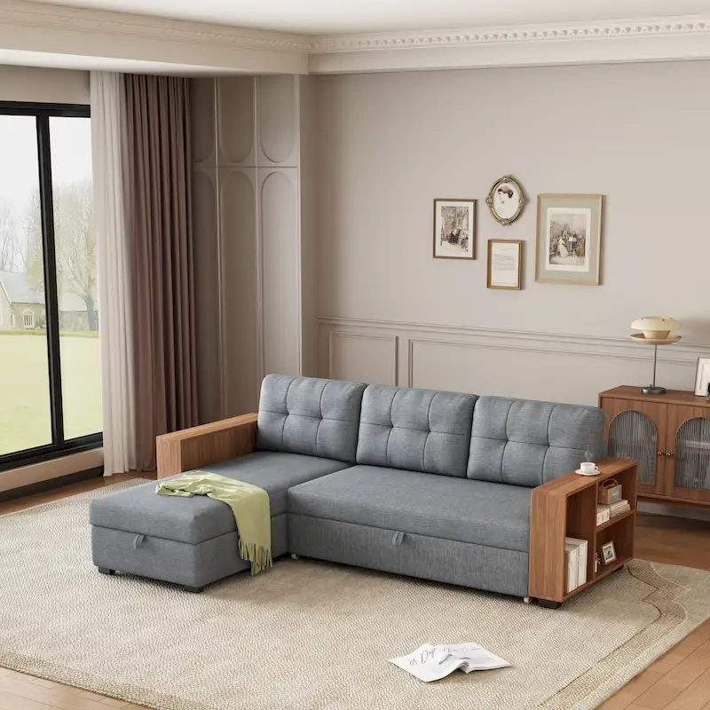 Grey 84 Convertible Corner 3-Seater Sectional Sofa with Storage Chaise, Pull-Out Sleeper Couch, and Elegant Wooden Armrests