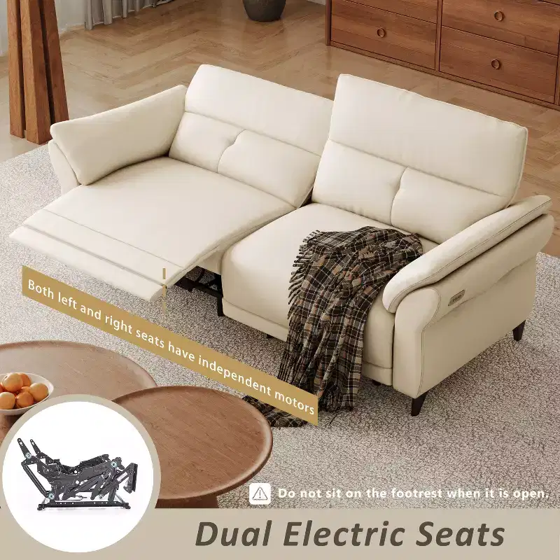 ATJafurn Full Grain Leather Power Reclining Sofa with Dual Motor, White Modern Recliner Sectional Couch with Console and USB Ports for Living Room