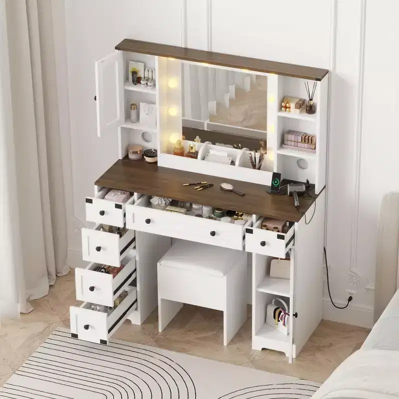 GustoWave Makeup Vanity and Stool, Vanity Desk with Lights, White Vanity Table with Charging Station, 6 Drawers and Cabinets