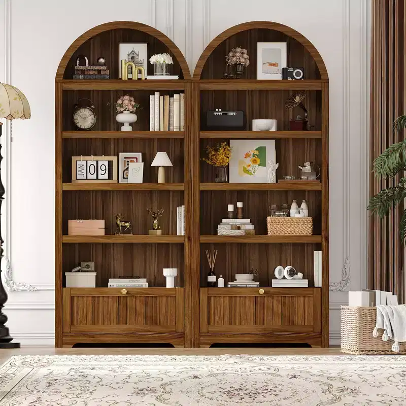 72 Tall Wood Arched Storage Cabinet, Kitchen Pantry with Open Display & Drawer, 6-Tier Standing Arched Bookcase & Cupboard with Adjustable