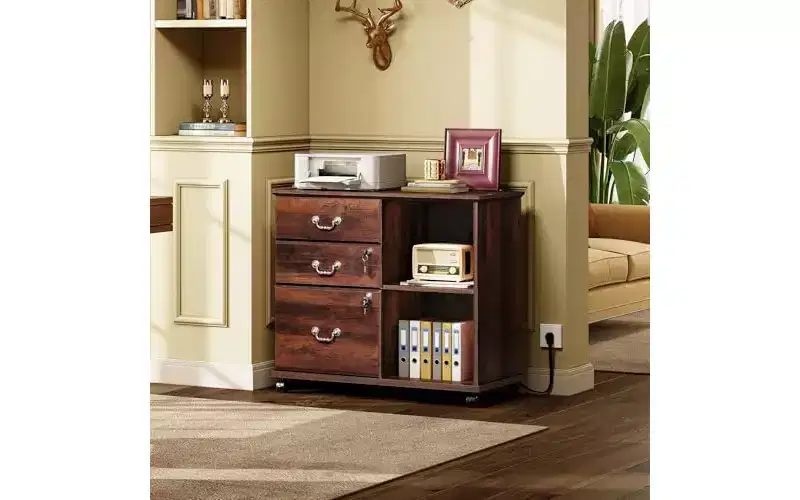 DEXYLLO 3 Drawer File Cabinet,Wood Lateral Filing Cabinet with Lock & Charging Station,Rolling Printer Stand with Storage for Home Office