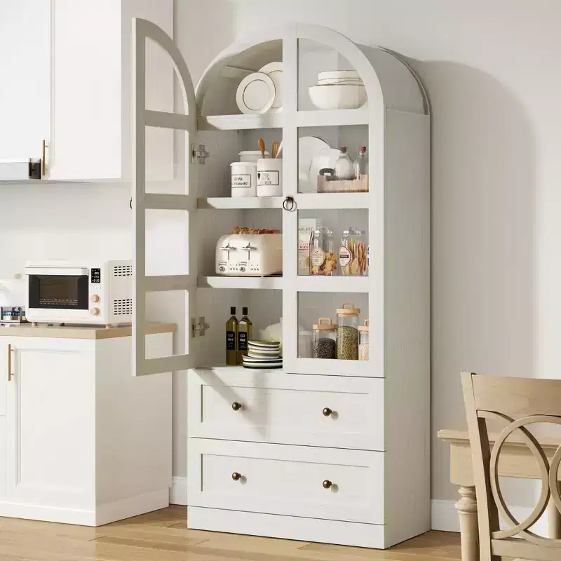 Garvee Tall Farmhouse Kitchen Pantry, Arched Wood Kitchens Storage Cabinets with 2 Large Drawers, Easy Assembly