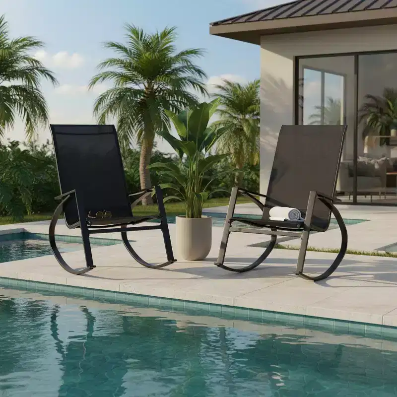 Gymax 2PC Outdoor Rocking Chairs Featuring Ergonomic Backrests and Secure Stoppers Black