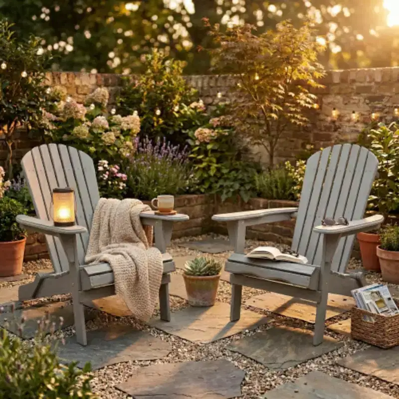 Folding Cedar Wood Adirondack Chairs, Embossed Wood Grain Outdoor Patio Lounge Seating for Garden