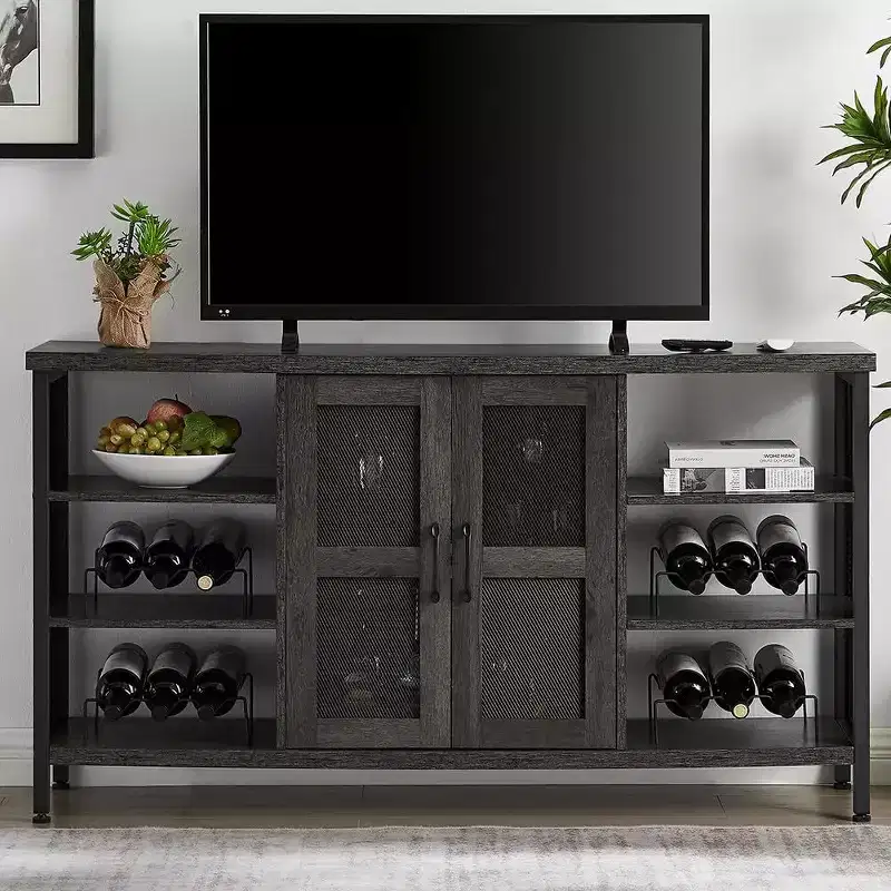 Industrial Wine Bar Cabinet with Glass Rack, Multi-Functional Liquor & Coffee Storage Sideboard