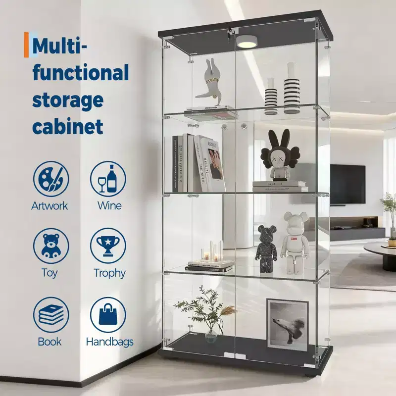 4-Tier Display Cabinet with Glass Doors, Cabinet Display Case, Tempered Glass Curio Bookcase for Collectibles, Toys, Wine