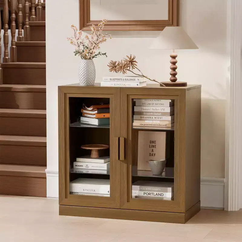 Dovelina Wooden 3 Shelf Bookcase Cabinet Decorative Bookshelf with Glass Doors and Adjustable Partitions