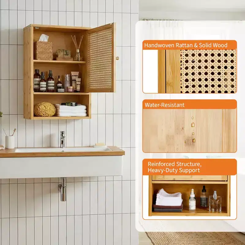 Bamboo Bathroom Wall Cabinet with Rattan Doors - Adjustable Shelf Medicine Cabinet & Space-Saving Over Toilet Storage Organizer