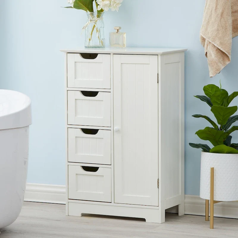 White Wood 4-Drawer 1-Door Bathroom Storage Cabinet