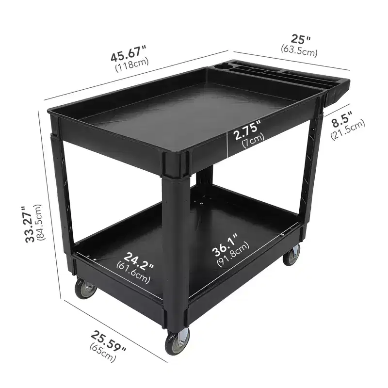 2 Tier Utility Service Cart, 500lbs Capacity Heavy Duty Plastic Utility Cart with 360 Rotating Wheels, Storage Handle, for Garage, Warehouse, Office