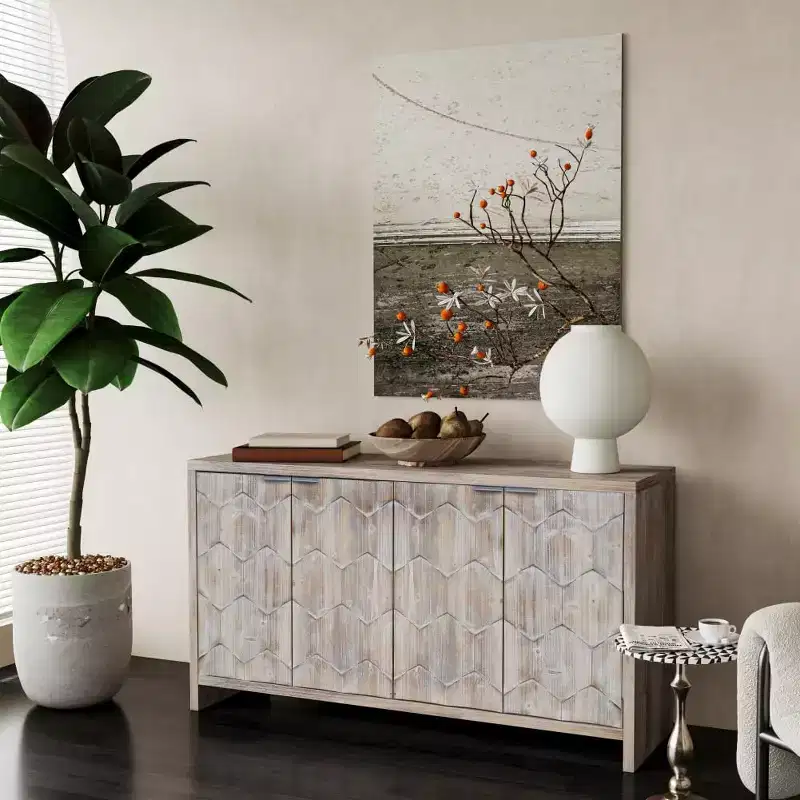 Sideboard Buffet Cabinet, Kitchen Pantry Storage Cabinet with 4 Metal Door Handles,Hexagonal Pattern Coffee Bar Cabinet