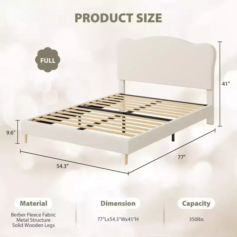 Full Size Upholstered Bed Frame for Kids, Dreamy Fleece Girls Bed with Scallop Headboard, Wooden Slats Support, No Box Spring Needed