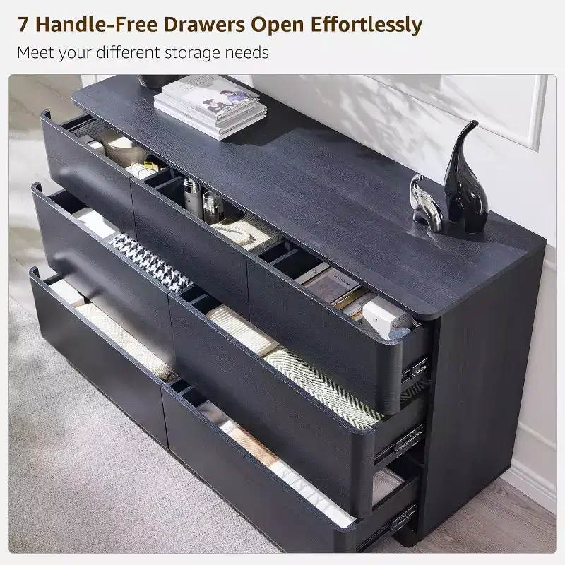 7 Drawer Dresser, 52 Wide Wooden Chest of Drawers, Handleless Modern Design, Large Storage Bedroom Dresser TV Stand & Storage Organizer