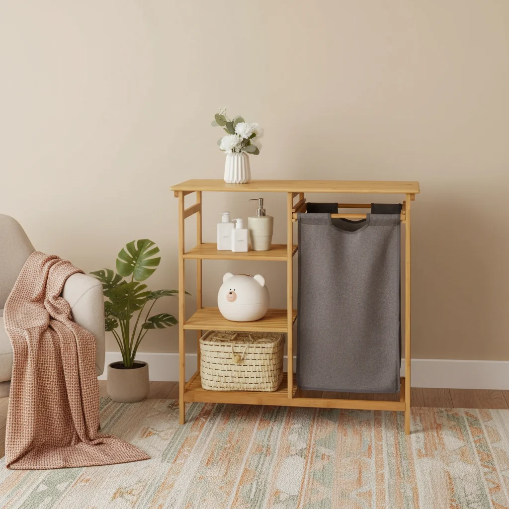 Bamboo Laundry Hamper Stand with Storage Shelves and Sliding Bag