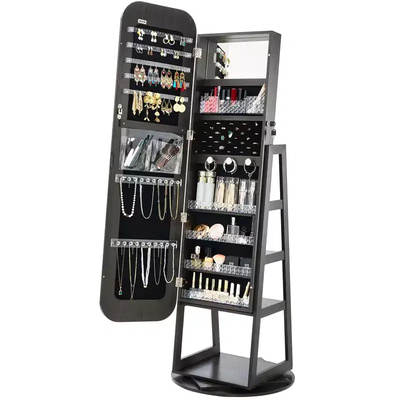 VEVOR 360 Swivel Jewelry Cabinet, 63-inch Tall, Full-Length Mirror with Storage, Standing Rotatable Jewelry Armoire Organizer,with 2 Keys, Black