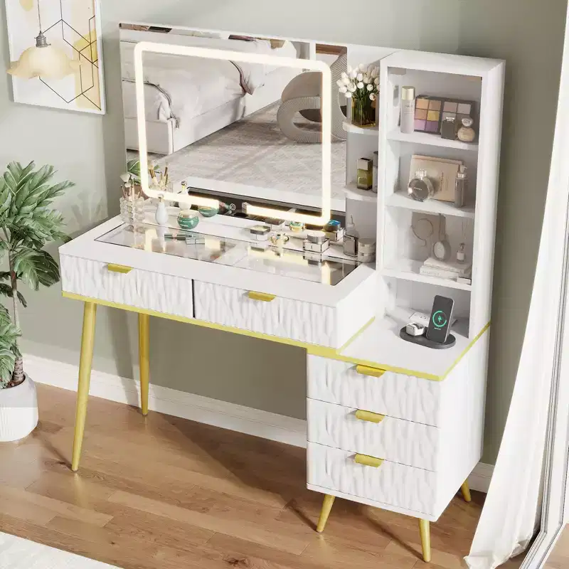 48 Vanity Desk with Mirror and Lights, Makeup Vanity with Glass Top and 3 Lighting Modes Mirror & 5 Drawers,White