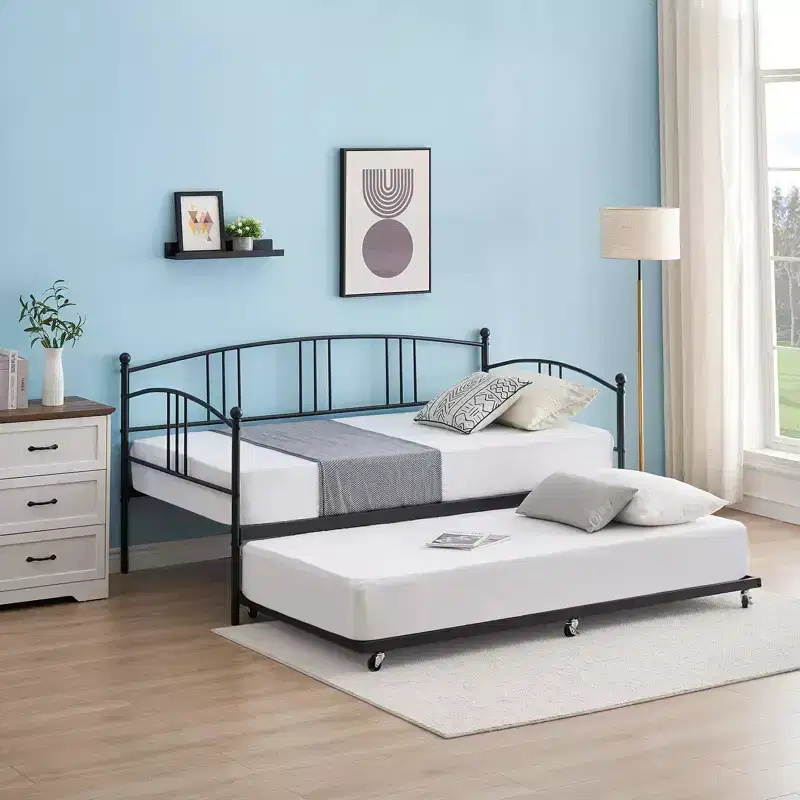 GustoWave Twin Size Metal Daybed with Trundle and Steel Slat Support, Twin Sofa Bed with Arched Headboard
