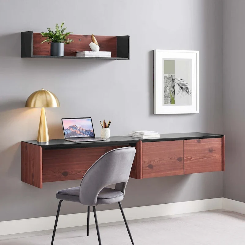 White Natural / Black Cherry Wall-Mount Desk with Cabinet & Shelf, 1-Person