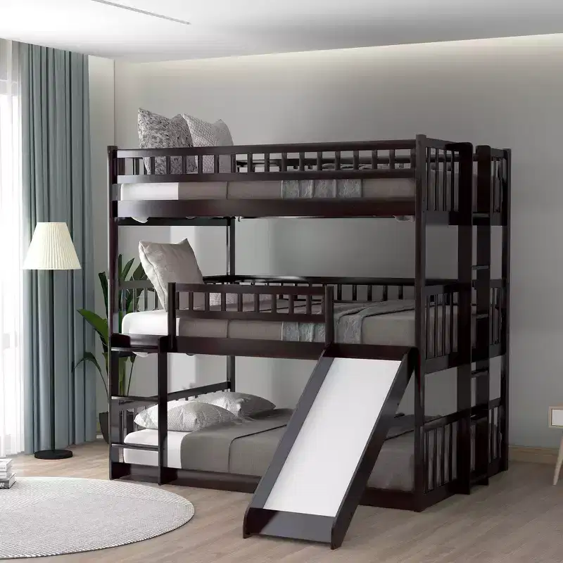 Whisen Full-Over-Full-Over-Full Wood Triple Bunk Bed with Built-in Ladder and Slide, Guardrails