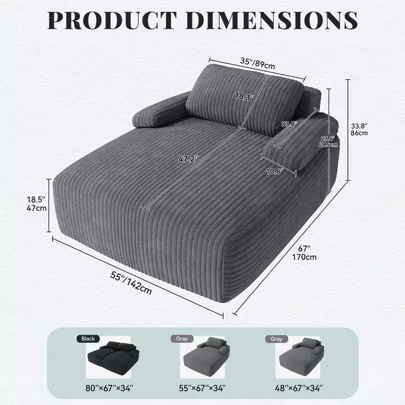 Balconera 55in Chaise Lounge Chair Indoor Oversized Corduroy Upholstered Boneless Sofa Bed No Assembly Required Grey