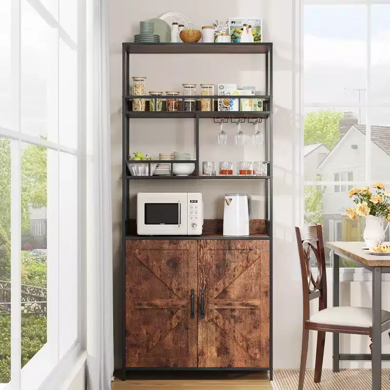 Freestanding Kitchen Bakers Rack, 70.8 Tall Wine Bar Cabinet with Glasses Holder, 4 Tier Coffee Bar Cabinet, Standing Microwave Stand for Apartment