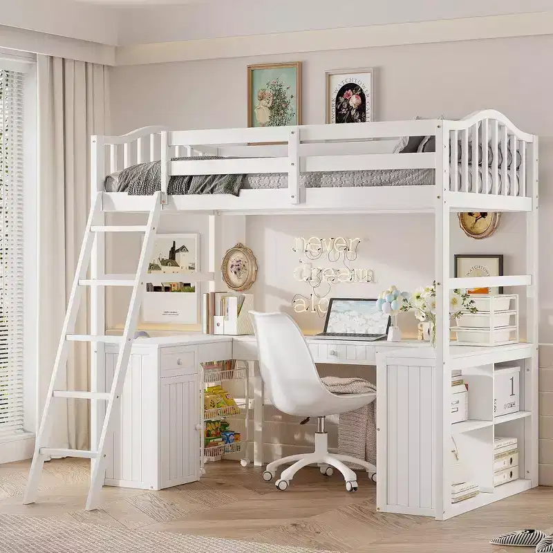 Whisen Modern Design Twin Size Wooden Loft Bed with Drawers, Cabinet, Shelves and Desk - White