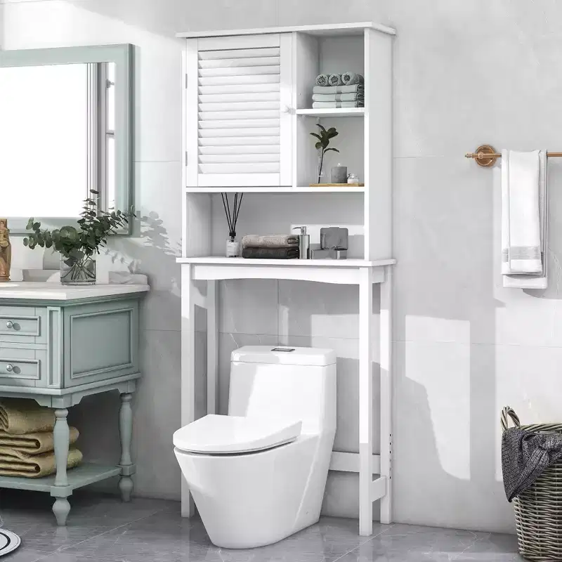 TROPOW Toilet Organizer with Adjustable Shelf, Freestanding Cabinet with Shutter Door and Open Storage Space for Bathroom White