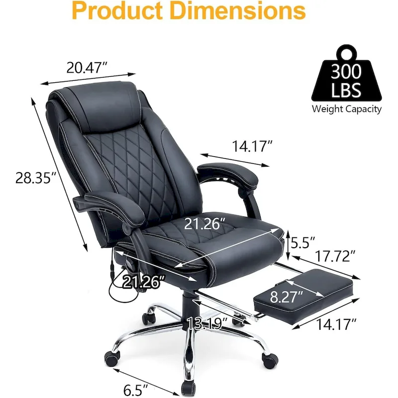 Ergonomic Heated Executive Office Chair, 2/4/6-Point Massage, Retractable Footrest, PU Leather