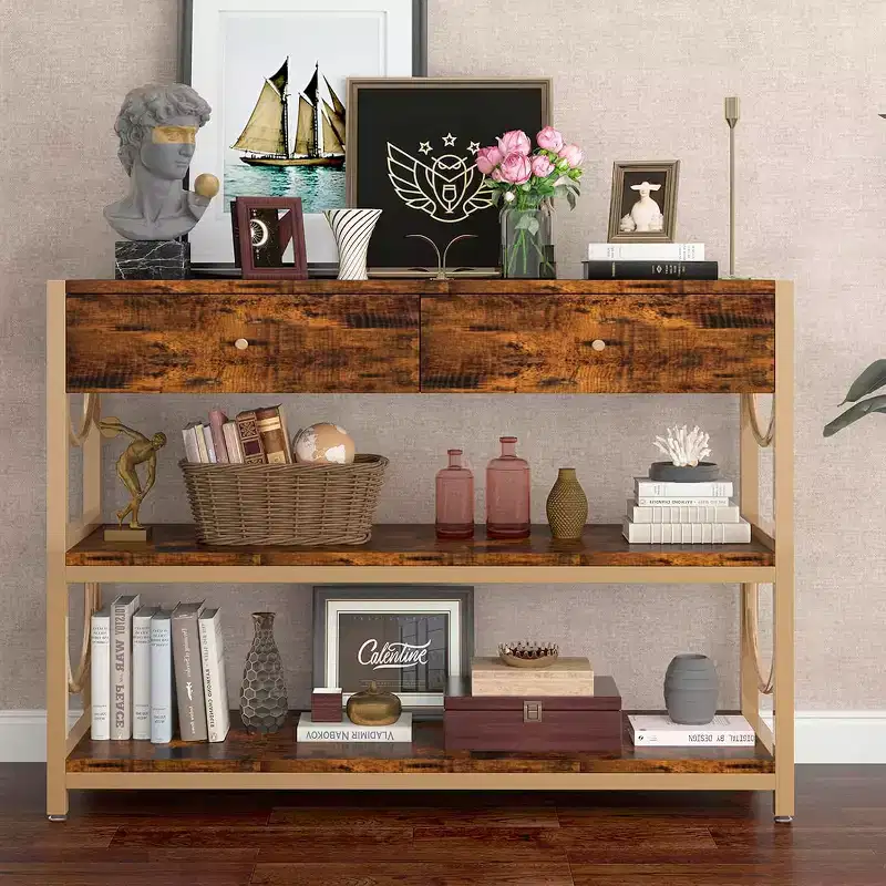 Console Table, Entryway Table - Light Luxury with 2 Drawers & 2 Shelves, Rustic Brown/Gold U-Shaped Frame, Adjustable Feet for Hallway/Living Room