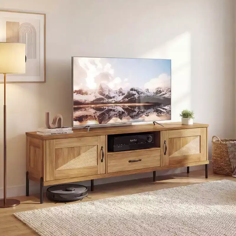 Costway Rattan TV Stand for TVs up to 80 with 2 Storage Cabinets, Open Shelf & Drawer