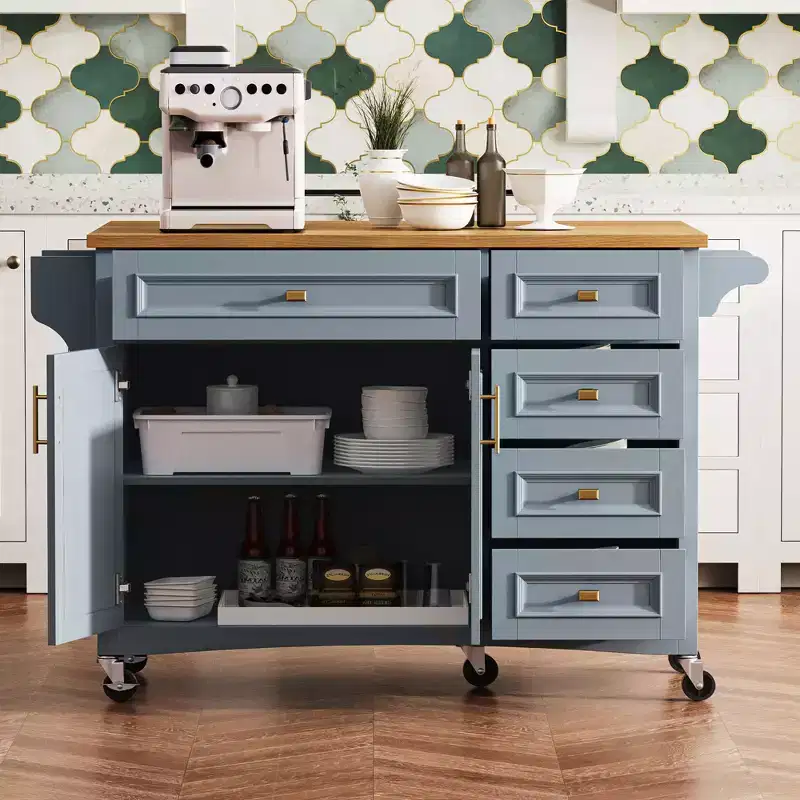 Whisen 52'' Kitchen Island with Drop Leaf, Built-in Racks, Drawers and Adjustable Shelf, Kitchen Island on Wheels