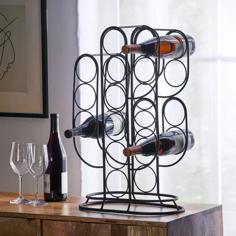 Modern Wine Rack Countertop, Black Metal, 23.25 x 14.75 x 8 Inches, Freestanding Design, Holds 12 Bottles, Contemporary Home Bar Storage