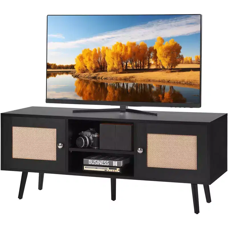Rattan TV Stand for 55 in TV Mid-Century Console with Adjustable Shelf Cable Management Black