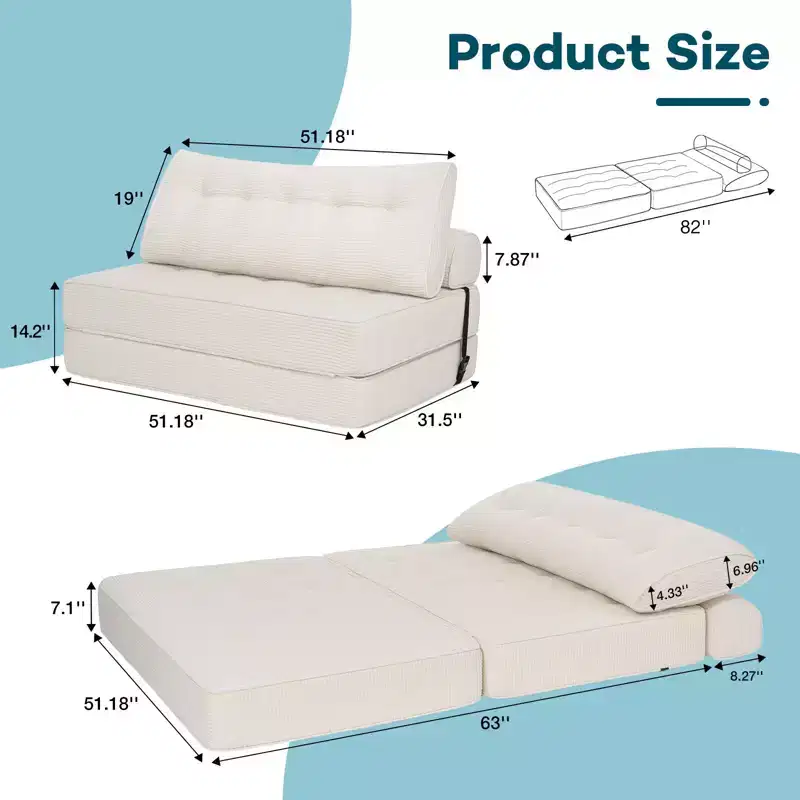 WARMOUNTS Foldable Sofa Bed with Adjustable Backrest, Convertible Full Size Sleeper Sofa for Living Room & Office