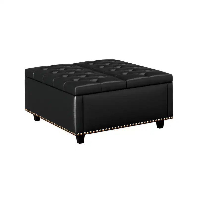 32 Leather Coffee Table Storage Ottoman, Square Lift-Top Ottoman Cube Bench, Large Square Storage Coffee Table