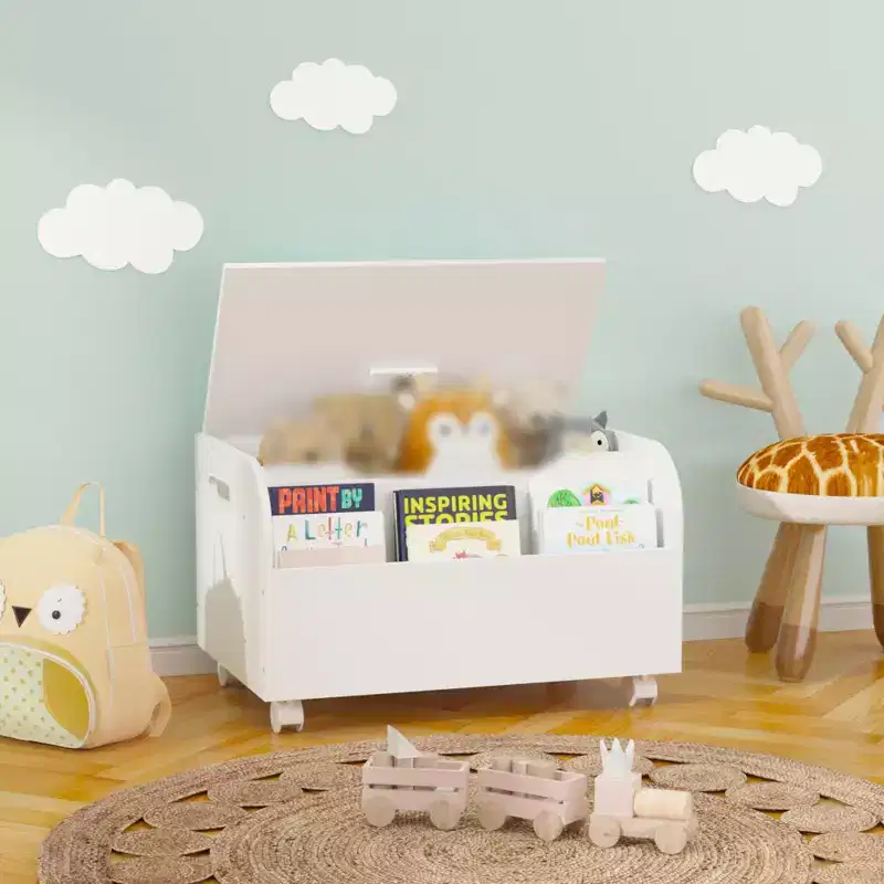 Kids Toy Box Chest Bench With Front Bookshelf Flip-Top Lid Safety Hinge Wooden Toy Storage Organizer