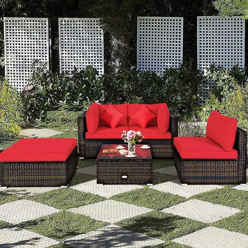 Costway 5PCS Patio Rattan Furniture Set Sectional Conversation Set W/Red Cushions