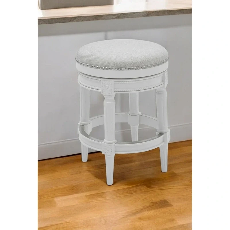26 White Solid Wood and Fabric Backless Counter Height Swivel Bar Chair