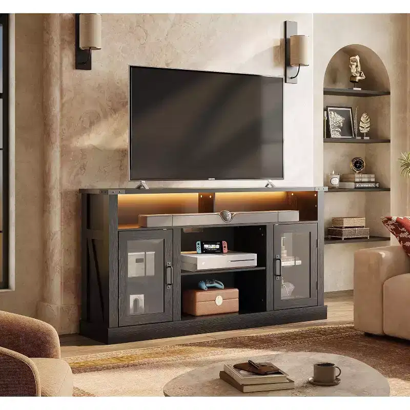 GALAXHERO Farmhouse TV Stand for 65 Inch TV, with LED Lights, Storage Cabinets & Adjustable Shelves for Living Room or Home Theater