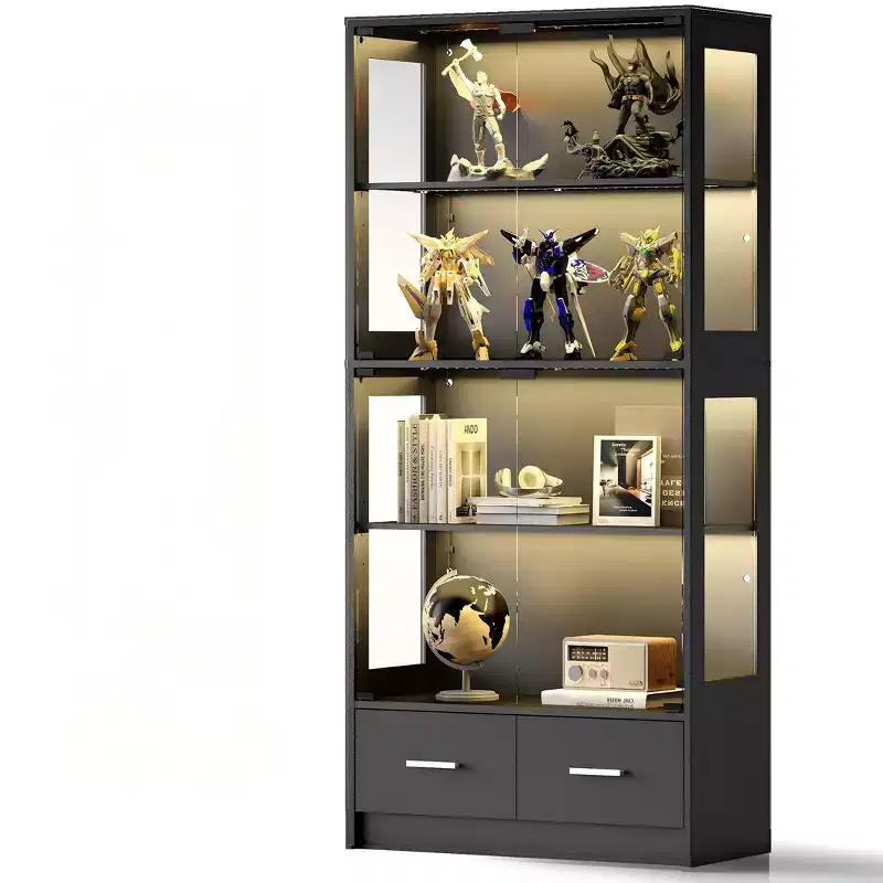 5-Tier Glass Display Cabinet with LED Lights & Adjustable Shelves & 2 Drawers, Curio Cabinet for Home & Office