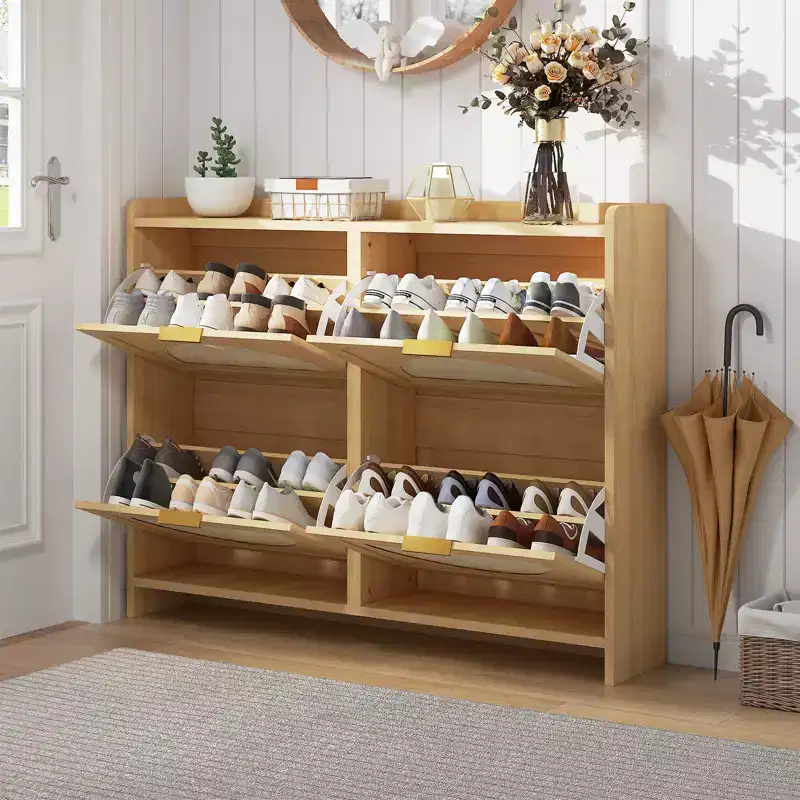 Rattan Shoe Storage Cabinet with 4 Flip Drawers, Hidden Shoe Storage Organizer, Freestanding Narrow Shoe Rack Cabinet For Hallway Living Room
