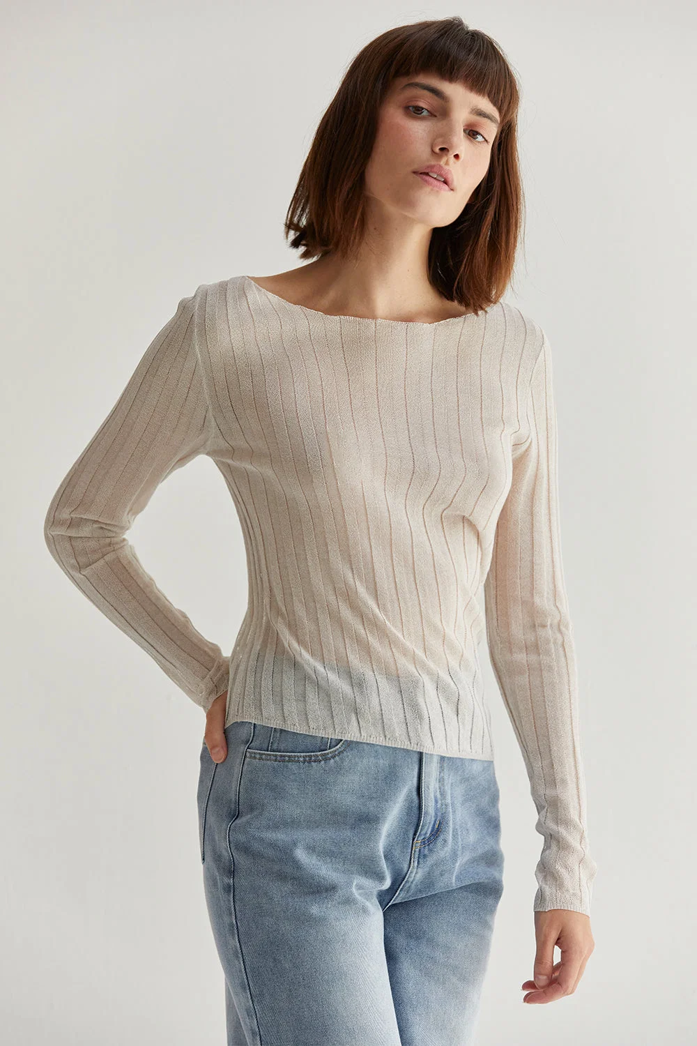Long Sleeve Semi-Sheer Ribbed Knit Boat Neck Top