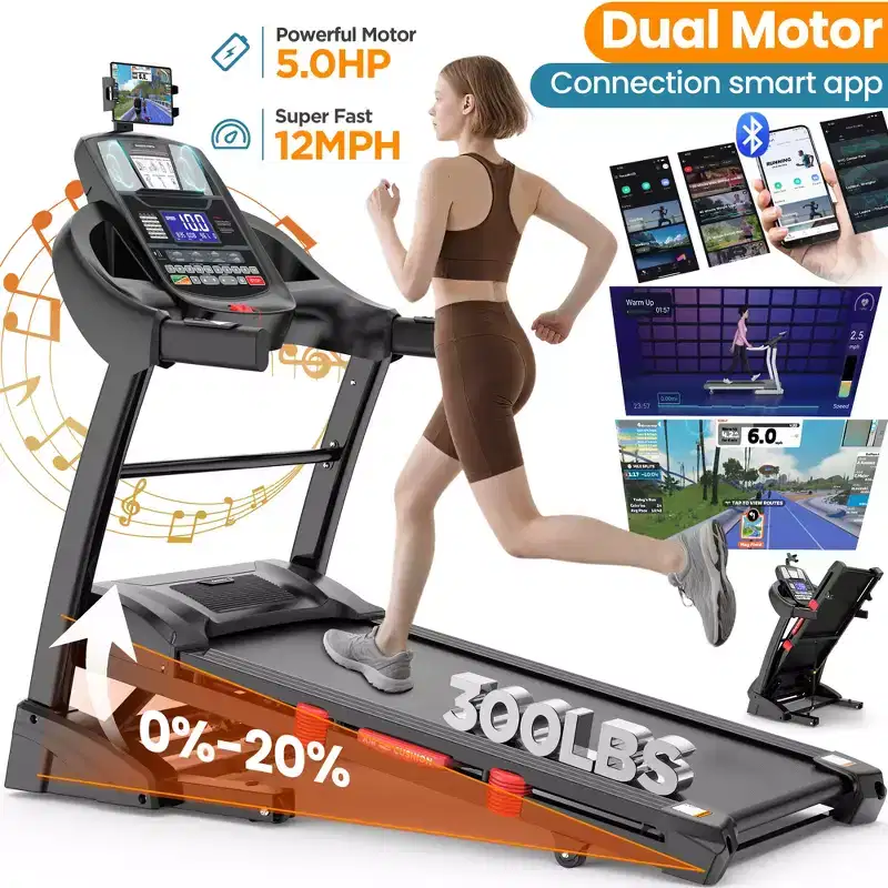Dual Motor 5HP Folding Electric Treadmill on Sale,Durable Running Machine with 20% Auto Incline,400LBS Capacity,Compact Walking Pad Treadmill