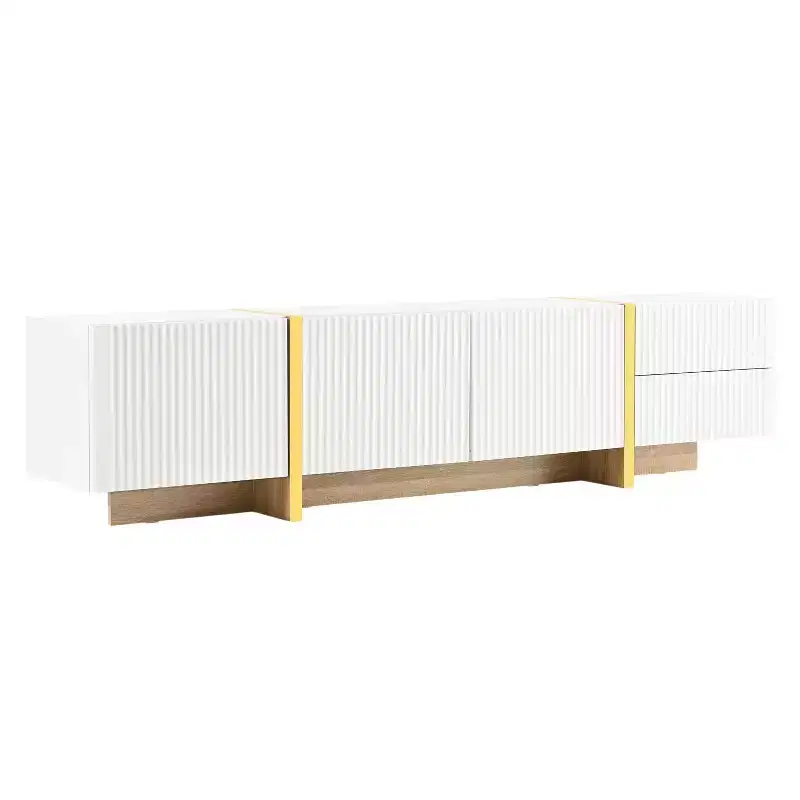 74Luxury Fluted TV Stand for 80 TVs, White Media Console w/ Storage Cabinets/Drawers & Golden Wood Grain Legs