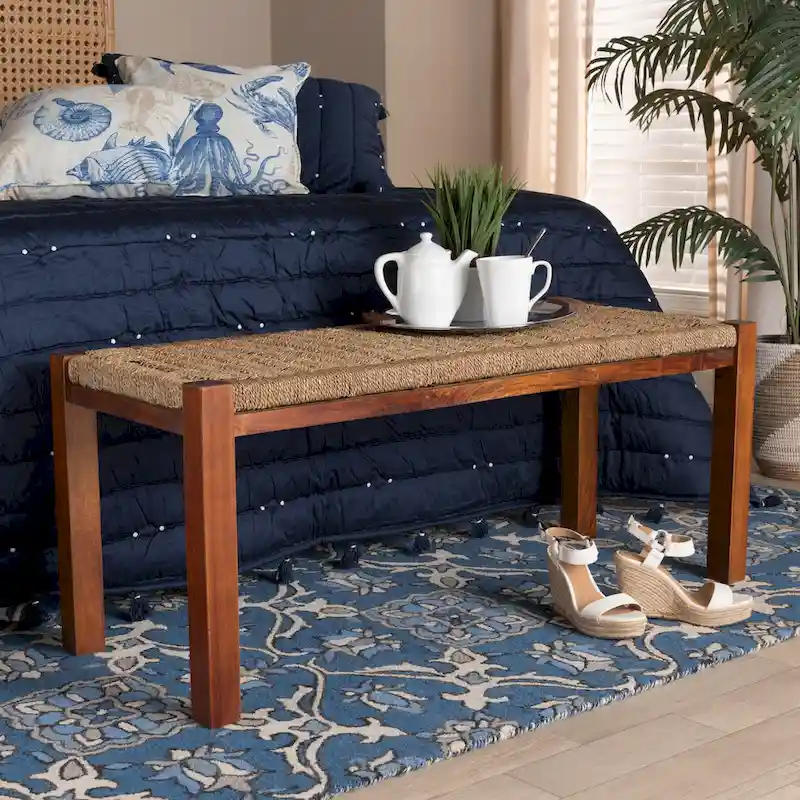 Mid-Century Transitional Bench with Woven Seagrass Seat and Mahogany Frame