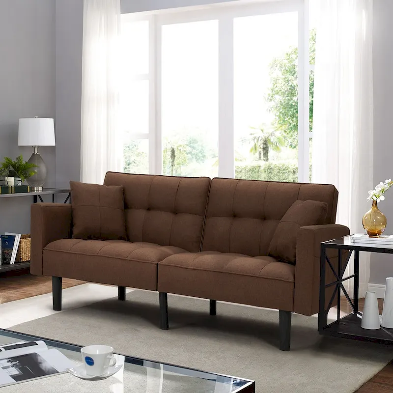 AVAWING 74 Modern Tufted Convertible Futon Sofa Bed with 2 Pillows