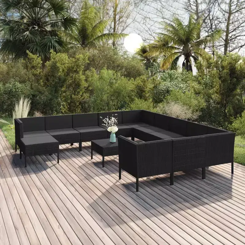 vidaXL 13 Piece Outdoor Patio Lounge Set with Cushions - Black Poly Rattan Modern Farmhouse Style  Assembly Required