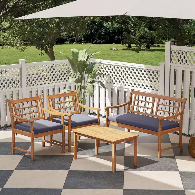 Costway 4 PCS Wood Patio Furniture Set with Soft Seat Cushions Solid Acacia Wood Frame Off White/Gray