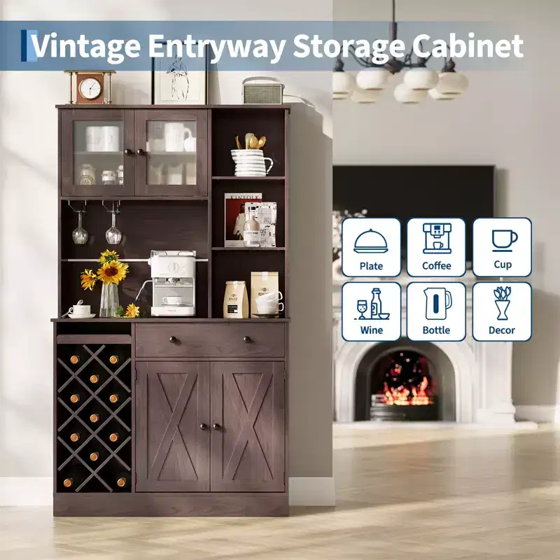 Wine Bar Cabinet with Power Outlets, Pantry Cabinet, Wine Bottle Rack, Buffet Sideboard Storage, Microwave Rack for Kitchen Dining Room Living Room